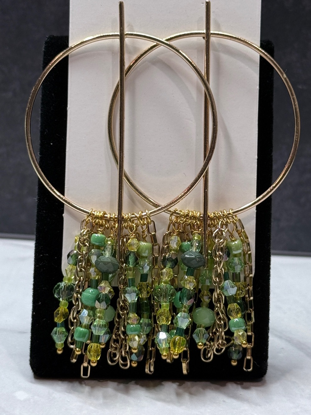 🚨3 for $15🚨 Gold Tone Hoop Tassel Earrings with Green Beaded Fringe